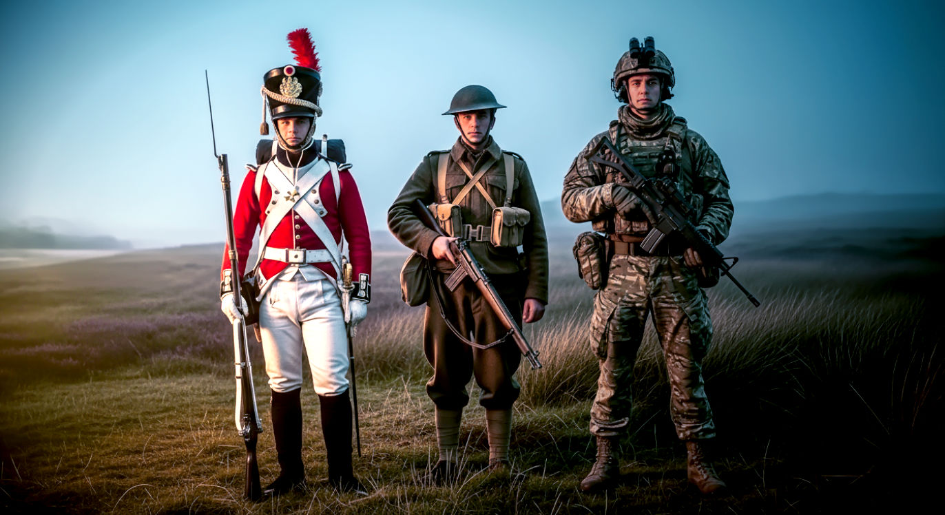 A hyper-realistic photograph showing a line of three soldiers, representing the evolution of the British Army. Left: a soldier in a Napoleonic-era red coat. Centre: a soldier in WWII-era khaki battledress and a Brodie helmet. Right: a modern soldier in full MTP camouflage and tactical gear. They stand on a misty, timeless British moor under soft, dramatic lighting. The style should be that of a high-end historical documentary poster, evoking a sense of heritage and progress.