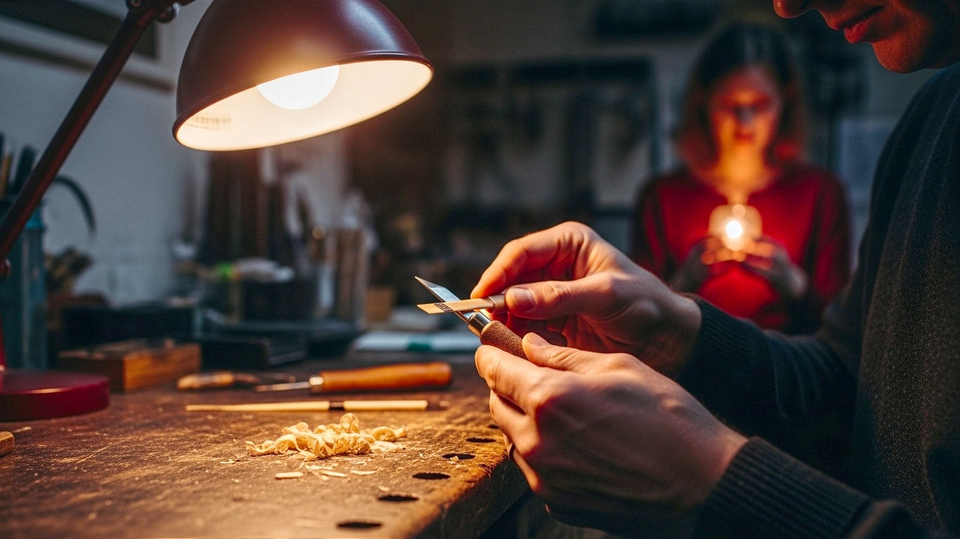 Hyper-realistic professional photograph, capturing the intense focus of a craftsman finishing a bassoon reed. The setting is a traditional British workshop, with warm light from an anglepoise lamp illuminating the scene. A close-up on the hands holding a delicate reed and a sharp, specialised reed knife, with fine wood shavings scattered on a dark, well-used wooden workbench. The mood is one of quiet, expert precision and dedication.