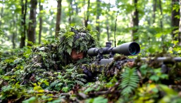 A hyper-realistic, professional photograph in the style of a modern hunting magazine. A hunter is lying prone in a lush, green British woodland, almost completely invisible in a meticulously crafted ghillie suit. The suit is covered in local ferns, moss, and leaves. They are looking through the scope of a camouflaged rifle. The lighting is soft and diffused, filtering through the tree canopy, creating a sense of quiet intensity and deep focus. The mood is one of patience, skill, and complete harmony with the natural environment.