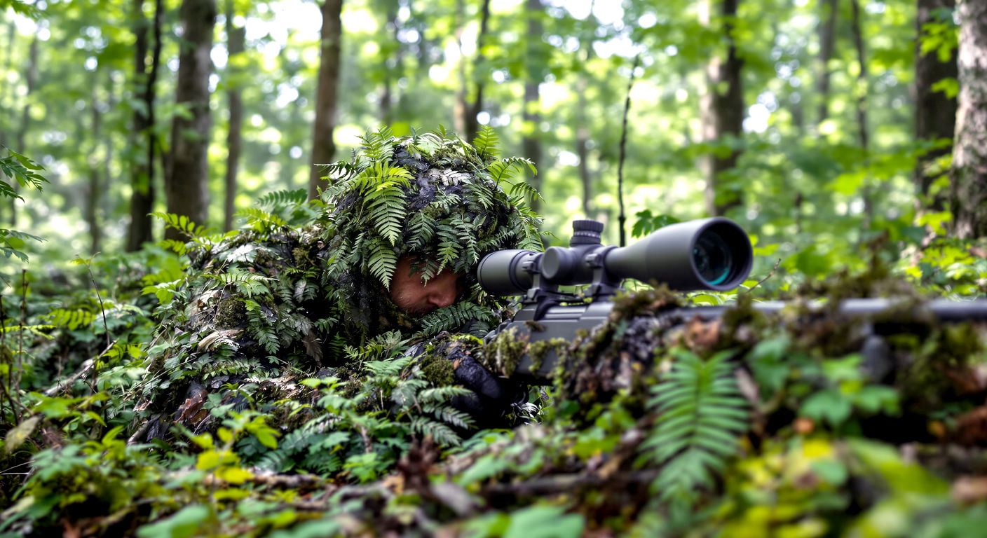 A hyper-realistic, professional photograph in the style of a modern hunting magazine. A hunter is lying prone in a lush, green British woodland, almost completely invisible in a meticulously crafted ghillie suit. The suit is covered in local ferns, moss, and leaves. They are looking through the scope of a camouflaged rifle. The lighting is soft and diffused, filtering through the tree canopy, creating a sense of quiet intensity and deep focus. The mood is one of patience, skill, and complete harmony with the natural environment.