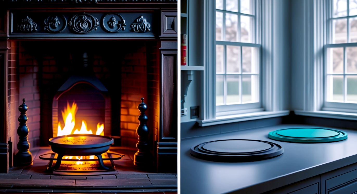 A diptych-style, hyper-realistic photograph. On the left panel, a dimly lit, rustic Victorian kitchen scene featuring a heavy, ornate black cast-iron trivet sitting next to the warm glow of a hearth fire. On the right panel, a bright, airy, modern British kitchen with a sleek, minimalist silicone trivet in a bold colour (like teal or charcoal grey) resting on a light grey quartz worktop under clean, natural light from a window. The contrast in lighting, materials, and overall aesthetic should powerfully illustrate the evolution of the trivet from a purely functional, heavy-duty tool to a stylish, modern kitchen essential. The composition should feel balanced and artful, like a spread in Livingetc or Elle Decoration.