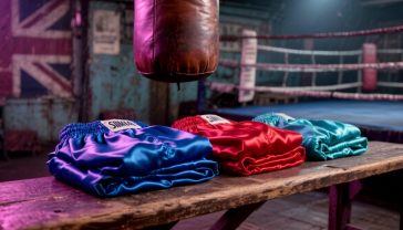 A hyper-realistic, professional photograph of a pair of high-quality, classic satin boxing shorts. The shorts, one royal blue and one crimson red, are neatly folded and placed on a rustic wooden bench inside an old-school British boxing gym. In the soft-focus background, a well-worn leather punchbag and a corner of a boxing ring are visible under dramatic, atmospheric lighting. The mood is gritty, authentic, and respectful of the sport's heritage.