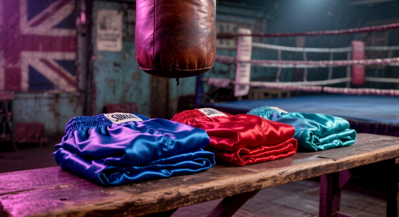A hyper-realistic, professional photograph of a pair of high-quality, classic satin boxing shorts. The shorts, one royal blue and one crimson red, are neatly folded and placed on a rustic wooden bench inside an old-school British boxing gym. In the soft-focus background, a well-worn leather punchbag and a corner of a boxing ring are visible under dramatic, atmospheric lighting. The mood is gritty, authentic, and respectful of the sport's heritage.