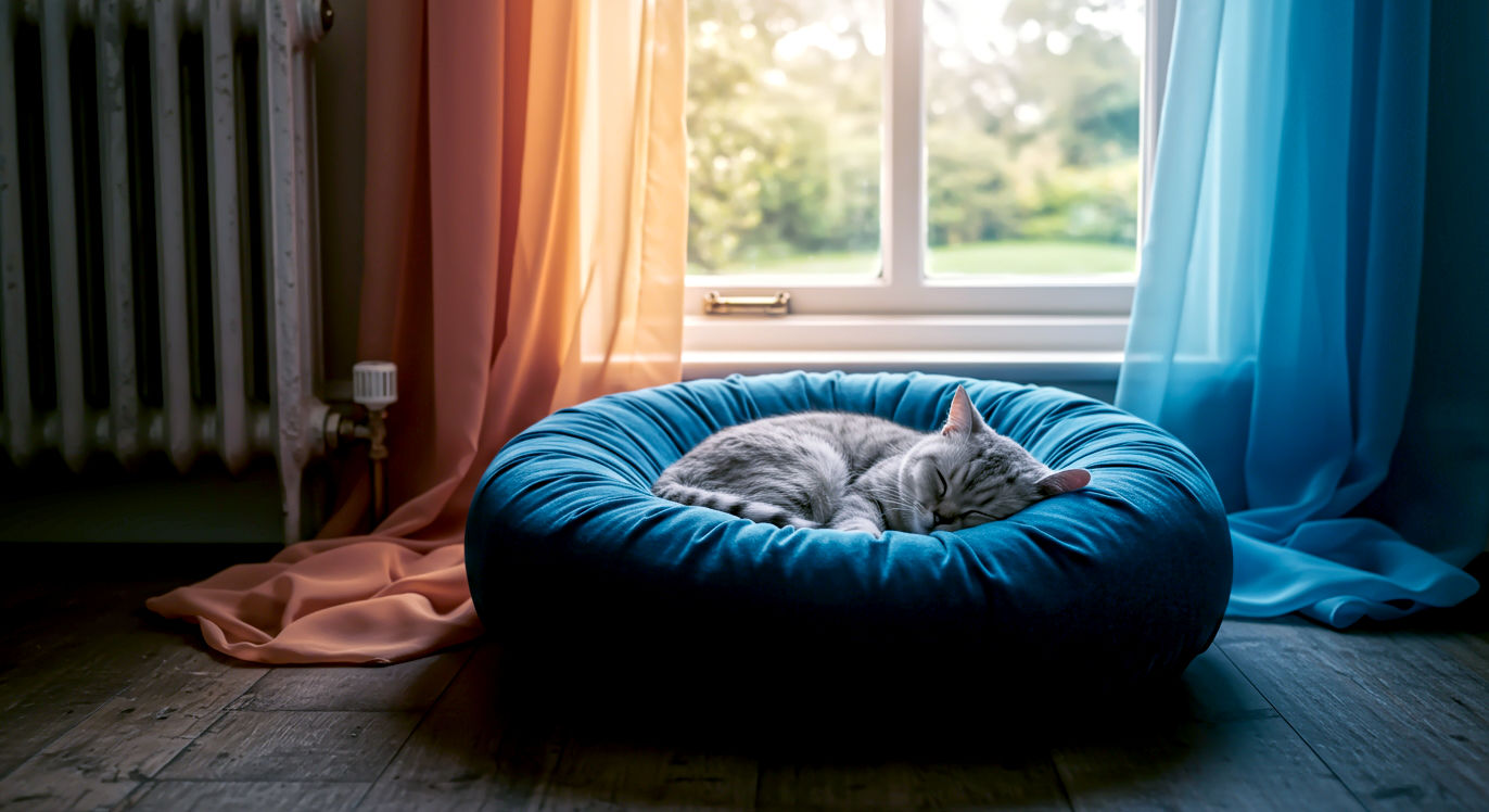 Hyper-realistic professional photograph in the style of a feature in ‘Country Life’ magazine. A silver-tabby British Shorthair cat is curled up asleep in a luxurious, deep blue velvet donut bed. The bed is placed on a worn wooden floor next to a traditional cast-iron radiator. In the background, a mullioned window looks out onto a soft-focus, green English garden. The lighting is soft and warm, like late afternoon sun streaming through the window, creating a peaceful and quintessentially British scene of domestic comfort. The focus is sharp on the cat's fur and the texture of the bed.