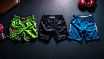 A hyper-realistic, professional photograph in the style of a Men's Health UK feature. The image captures three pairs of martial arts shorts side-by-side on a dark, textured gym floor. From left to right: a vibrant, satin pair of Muay Thai shorts with intricate embroidery; a tough, black pair of MMA board shorts with subtle branding; and a pair of tight, blue Vale Tudo shorts. A leather kick pad and a pair of boxing gloves are placed artfully in the background, slightly out of focus. The lighting is dramatic and moody, with a single, cool-toned spotlight from above highlighting the texture and details of the shorts. The overall mood is serious, premium, and performance-focused, evoking a sense of readiness for intense training.