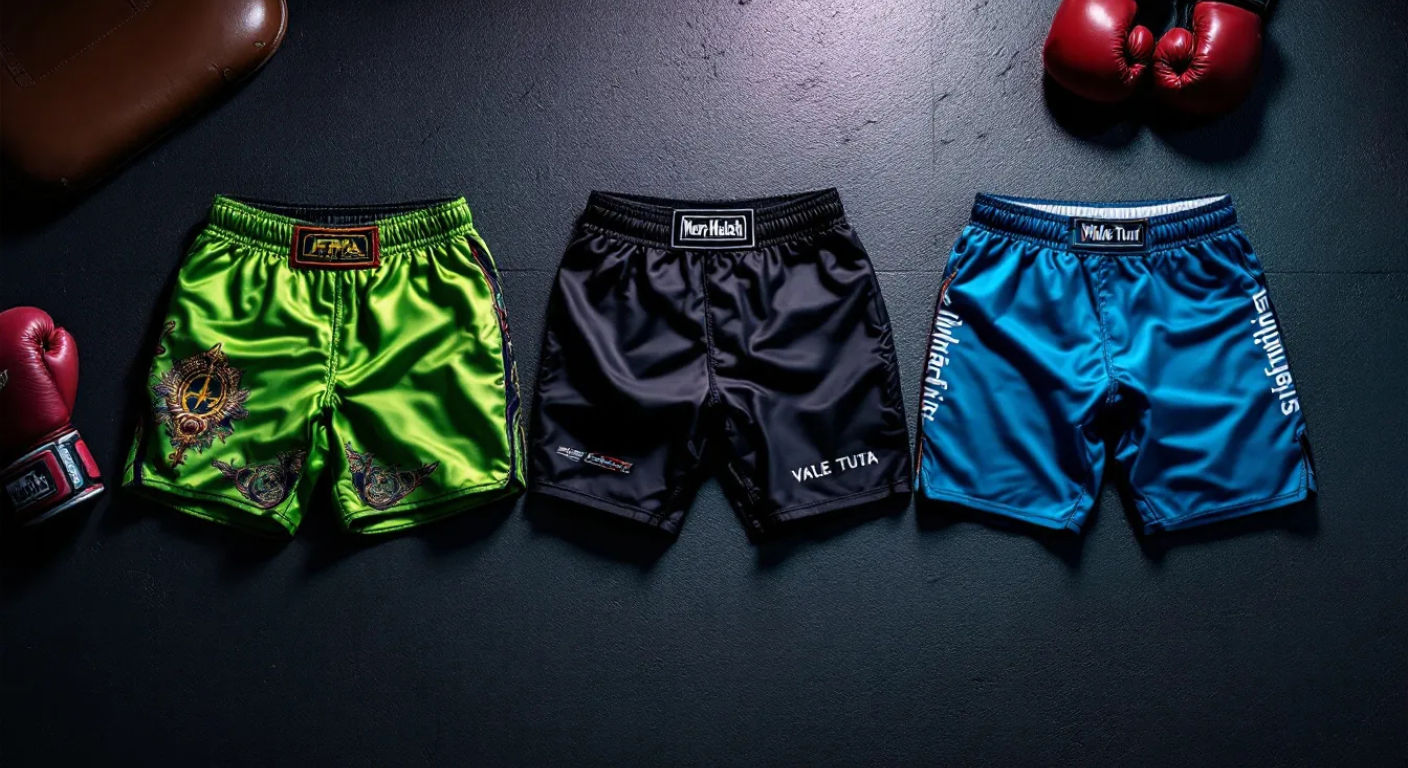 A hyper-realistic, professional photograph in the style of a Men's Health UK feature. The image captures three pairs of martial arts shorts side-by-side on a dark, textured gym floor. From left to right: a vibrant, satin pair of Muay Thai shorts with intricate embroidery; a tough, black pair of MMA board shorts with subtle branding; and a pair of tight, blue Vale Tudo shorts. A leather kick pad and a pair of boxing gloves are placed artfully in the background, slightly out of focus. The lighting is dramatic and moody, with a single, cool-toned spotlight from above highlighting the texture and details of the shorts. The overall mood is serious, premium, and performance-focused, evoking a sense of readiness for intense training.
