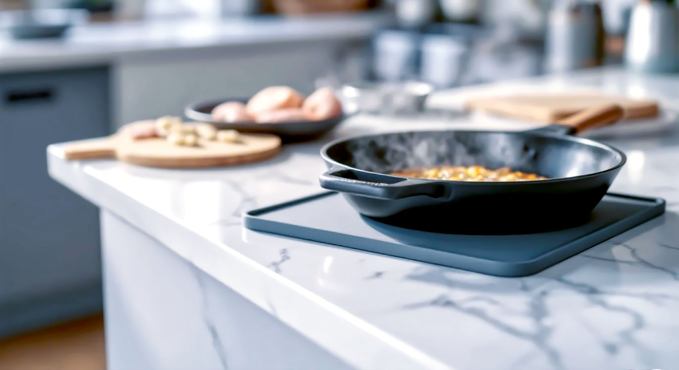 A hyper-realistic, professional photograph in the style of a modern British kitchen magazine. A sizzling cast-iron skillet, fresh from the oven, is being placed onto a stylish, dark grey silicone trivet. The trivet sits on a beautiful, light-coloured quartz worktop with subtle veining. In the background, out of focus, are other kitchen elements that suggest a premium, well-cared-for space. The lighting is bright and natural, emphasizing the polished sheen of the quartz and the importance of protecting it.
