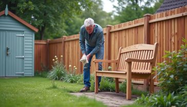 A hyper-realistic, professional photograph capturing a quintessential British garden scene. In the foreground, a person in their 40s is applying a protective oil to a handsome oak garden bench with a soft cloth. In the background, a newly installed, perfectly straight feather-edge fence made of warm, light-brown pressure-treated timber stands strong. A classic, sage-green painted shed is visible to the side. The lighting is soft, overcast British daylight, highlighting the rich textures of the different wood treatments. The mood is satisfying, proud, and practical.