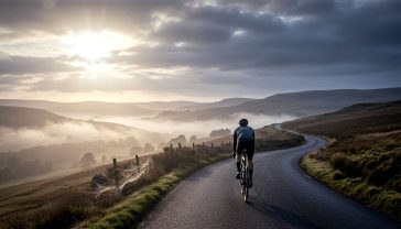 Hyper-realistic, professional photograph in the style of a Pro Cycling brand photoshoot. A solo cyclist, wearing high-performance, minimalist dark grey and black activewear, crests a hill on a winding country lane in the Peak District. The road is wet from recent rain, with low-lying mist in the valleys below. The early morning sun is breaking through dramatic clouds, casting long shadows and highlighting the texture of the tarmac and the cyclist's gear. The mood is epic, challenging, and quintessentially British.