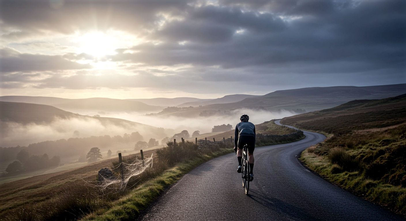 Hyper-realistic, professional photograph in the style of a Pro Cycling brand photoshoot. A solo cyclist, wearing high-performance, minimalist dark grey and black activewear, crests a hill on a winding country lane in the Peak District. The road is wet from recent rain, with low-lying mist in the valleys below. The early morning sun is breaking through dramatic clouds, casting long shadows and highlighting the texture of the tarmac and the cyclist's gear. The mood is epic, challenging, and quintessentially British.