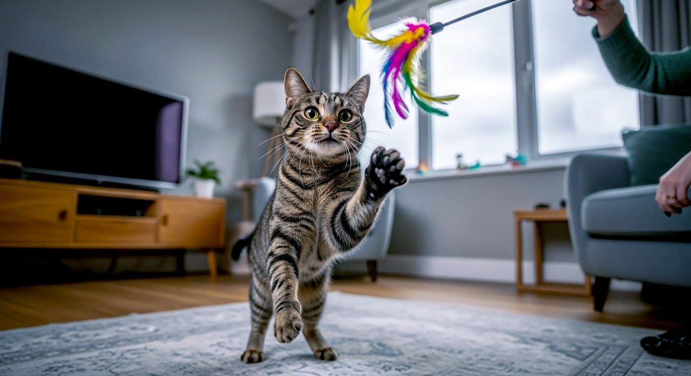 A hyper-realistic, professional photograph in the style of a heartwarming lifestyle magazine. A happy tabby cat is mid-pounce in a cosy, modern British living room, its eyes locked on a colourful feather wand toy held by an out-of-focus person. The lighting is soft and natural, coming from a large window showing a slightly overcast sky. The mood is joyful, energetic, and captures the strong bond between a pet and its owner.