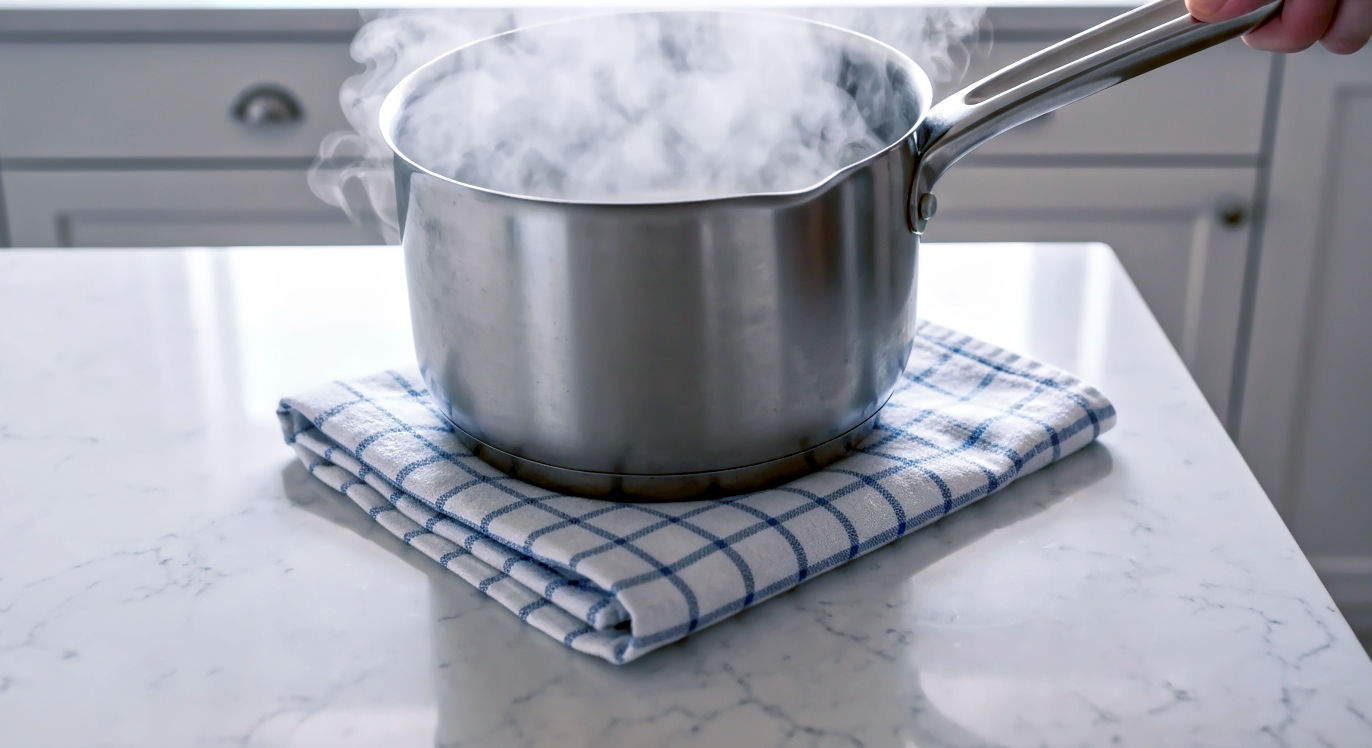 A hyper-realistic photograph capturing a common kitchen mistake from an over-the-shoulder perspective. A person is about to place a heavy, steaming stainless steel saucepan onto a carelessly folded, slightly damp blue-and-white checked tea towel that lies on a beautiful, gleaming quartz worktop. The lighting is natural and bright, characteristic of a daytime kitchen scene. The mood is one of impending error, subtly highlighting the inadequacy of the tea towel for heat protection. The focus is sharp on the tea towel and the base of the pan, hinting at the steam and heat that could cause damage.