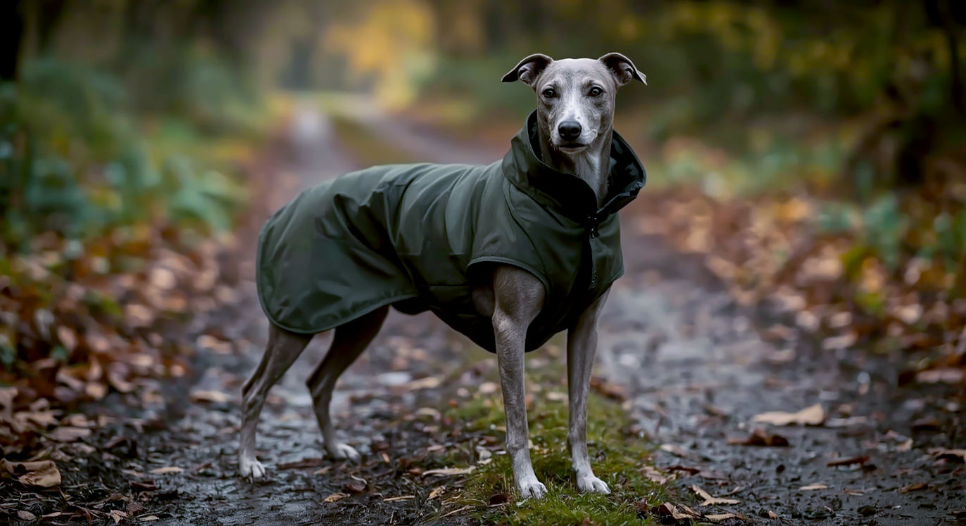 A hyper-realistic, professional photograph in the style of a heartwarming Country Life magazine feature. An elegant, silver-grey Whippet is standing proudly on a muddy path in a classic British woodland, surrounded by autumn leaves. The dog is wearing a perfectly fitted, dark green waxed cotton waterproof coat. The lighting is soft and diffused, as if on a bright but overcast autumn day, highlighting the texture of the coat and the dog's sleek form. The mood is one of cosy, practical, and quintessentially British countryside charm. The composition is a medium shot, focusing on the dog and its apparel, with the beautiful, slightly misty woods creating a gentle, natural backdrop.