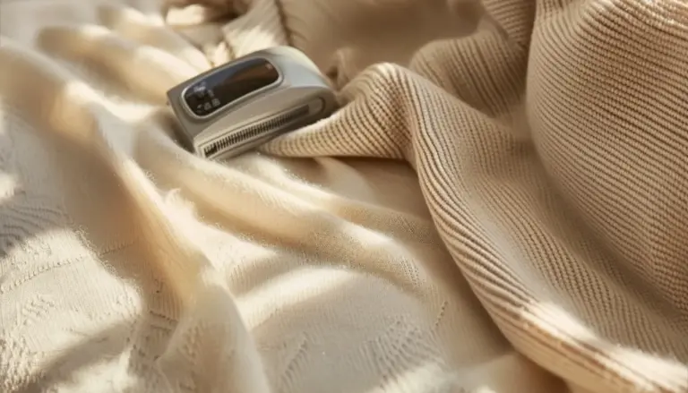 Fabric Shavers: luxurious cashmere sweater laying on a light coloured couch having lint removed by a state of the art fabric shaver for a close-up product photo.
