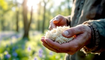A hyper-realistic photograph in the style of a National Trust publication. An elderly woodsman's weathered hand gently holds a piece of soft, fibrous fluff wood. In the background, a sun-dappled, ancient British oak and bluebell woodland is slightly out of focus. The lighting is soft and natural, evoking a sense of timeless wisdom, heritage, and a deep connection to nature. The mood is tranquil and educational.
