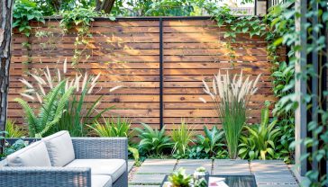A hyper-realistic, professional photograph in the style of a Gardens Illustrated magazine feature. The image captures a stylish, contemporary British garden in late afternoon summer light. The main focus is a beautifully crafted Western Red Cedar horizontal slatted fence, its warm tones glowing. Lush, green architectural plants like ferns and ornamental grasses are planted along its base. In the foreground, a corner of a modern, grey rattan sofa is visible on a slate patio. The composition is clean and aspirational, with a shallow depth of field blurring the background slightly. The mood is tranquil, sophisticated, and quintessentially modern British.