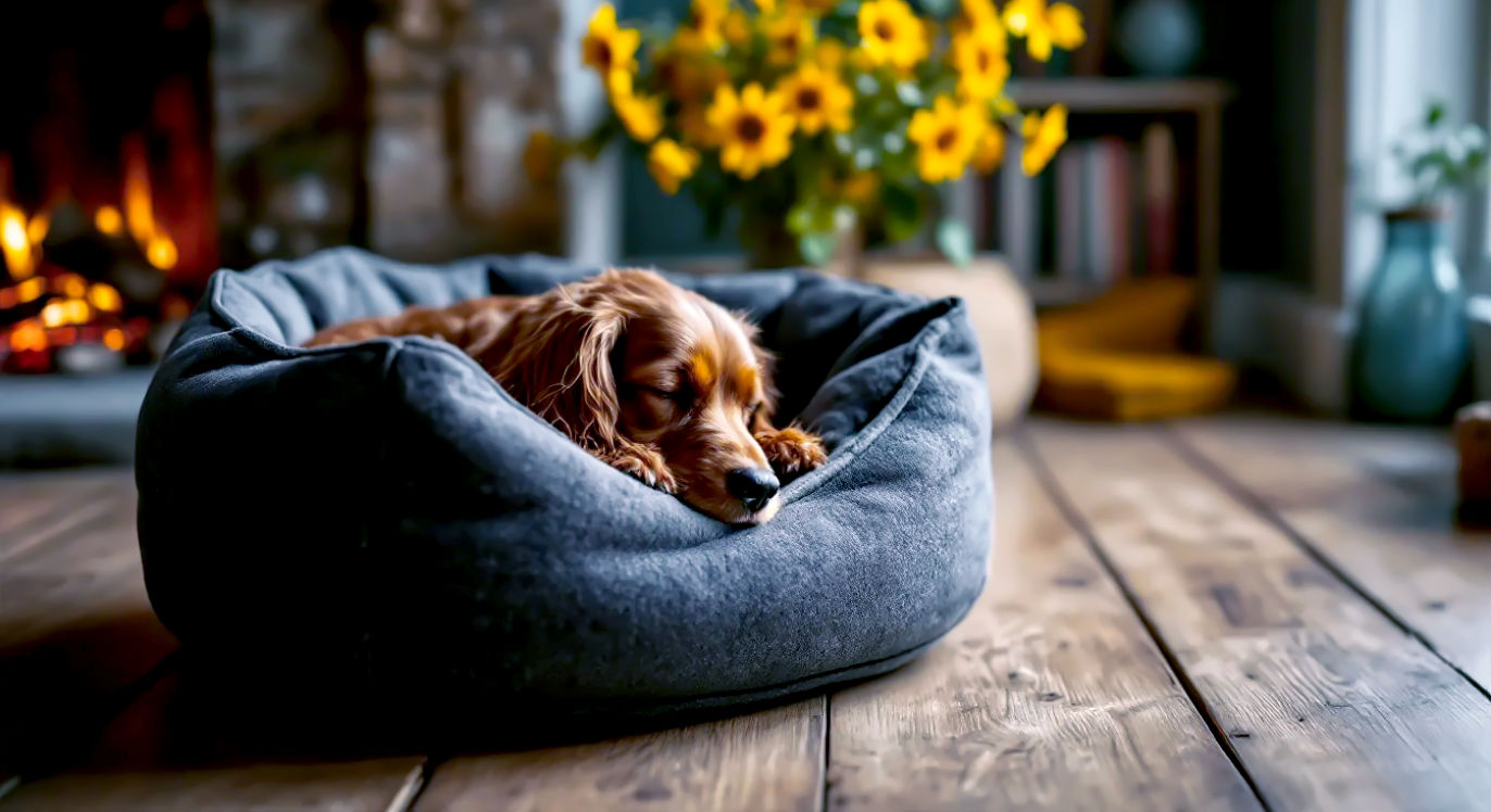 A hyper-realistic, professional photograph in the style of a Country Living magazine feature. A contented Cocker Spaniel is curled up asleep in a plush, dark grey tweed dog bed. The bed is placed on a rustic wooden floor next to a gently crackling fireplace in a cosy, book-lined British sitting room. Soft, warm light from the fire illuminates the scene, creating a peaceful and comforting atmosphere. The focus is sharp on the dog and the texture of the bed, evoking a sense of ultimate comfort and domestic bliss.