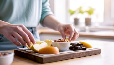 A hyper-realistic photograph in the style of a modern, bright cookbook. A woman's hands are arranging a healthy, appealing snack on a rustic wooden board. The snack consists of apple slices, a small bowl of almonds, and a few squares of dark chocolate. The background is a clean, slightly out-of-focus kitchen with natural light streaming in from a window, creating a fresh, positive, and achievable mood. The colour palette is natural and vibrant, evoking health and well-being.