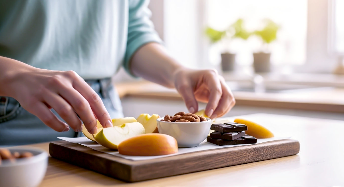 A hyper-realistic photograph in the style of a modern, bright cookbook. A woman's hands are arranging a healthy, appealing snack on a rustic wooden board. The snack consists of apple slices, a small bowl of almonds, and a few squares of dark chocolate. The background is a clean, slightly out-of-focus kitchen with natural light streaming in from a window, creating a fresh, positive, and achievable mood. The colour palette is natural and vibrant, evoking health and well-being.