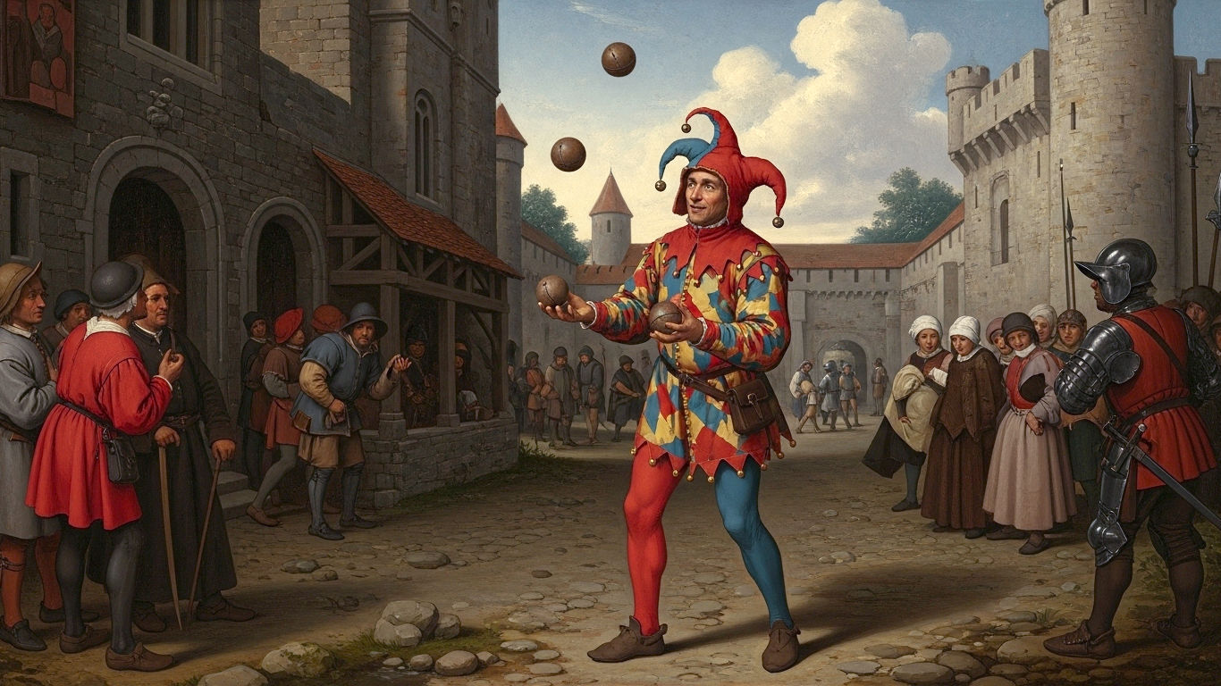 A classic medieval court jester, dressed in a vibrant, motley-coloured tunic and a floppy, bell-covered hat, is juggling three simple leather balls in the muddy courtyard of a stone castle. He has a look of intense concentration mixed with mischievous wit. A small, wary crowd of peasants and a couple of guards watch him from a distance. The scene is illuminated by the dramatic, low light of a late afternoon sun, casting long shadows. The overall mood is one of gritty historical realism, capturing a fleeting moment of entertainment in the Dark Ages.