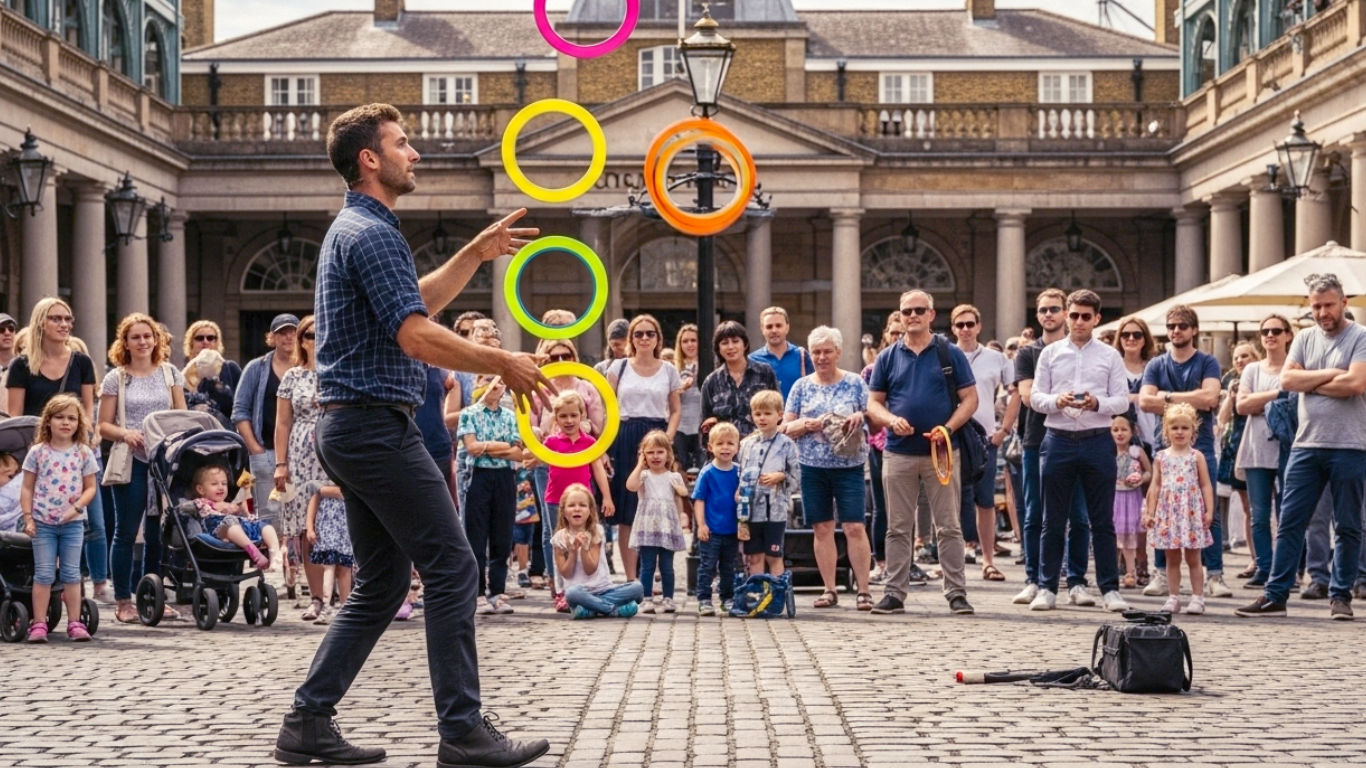 In the centre of Covent Garden's cobbled piazza, a charismatic street performer is mid-show, juggling five brightly coloured rings that catch the afternoon sun. A diverse crowd of all ages surrounds them, their faces filled with delight and amazement. The iconic architecture of the market building frames the background. The lighting is bright and cheerful, capturing the energetic, communal atmosphere of a classic British summer day out. The composition is a medium shot, focusing on the interaction between the performer and the captivated audience.