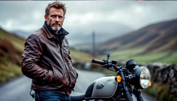 A hyper-realistic, professional photograph in the style of a feature for a premium British motoring magazine. The shot captures a male rider in his late 30s, with a rugged but friendly appearance, standing next to his modern classic motorcycle (like a Triumph Bonneville). He is wearing a high-quality, dark brown AA-rated leather café racer jacket that fits him perfectly. The bike is parked on a quiet, winding country lane in the Peak District, with a classic dry-stone wall and rolling green hills in the background under a dramatic, slightly overcast sky. The lighting is soft and natural, evoking the feel of an authentic British road trip. The focus is sharp on the texture of the leather jacket and the determined yet contemplative expression of the rider. The mood is one of competence, freedom, and quintessential British adventure.