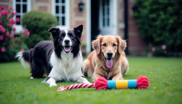 A hyper-realistic, professional photograph in the style of a feature in Country Living magazine. The shot captures a happy, healthy-looking Border Collie and a Golden Retriever playing together on a lush green lawn in a classic British garden, with a stone wall and rose bushes in the background. It's a bright, slightly overcast day, typical of the UK, creating soft, natural lighting. In the foreground, a curated selection of high-quality dog toys (a durable rubber KONG, a rope tug, and a colourful puzzle toy) are neatly arranged on the grass, showcasing variety and quality. The mood is joyful, wholesome, and aspirational for a discerning British dog owner.