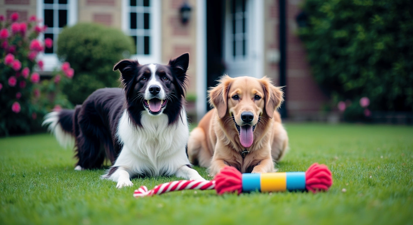 A hyper-realistic, professional photograph in the style of a feature in Country Living magazine. The shot captures a happy, healthy-looking Border Collie and a Golden Retriever playing together on a lush green lawn in a classic British garden, with a stone wall and rose bushes in the background. It's a bright, slightly overcast day, typical of the UK, creating soft, natural lighting. In the foreground, a curated selection of high-quality dog toys (a durable rubber KONG, a rope tug, and a colourful puzzle toy) are neatly arranged on the grass, showcasing variety and quality. The mood is joyful, wholesome, and aspirational for a discerning British dog owner.