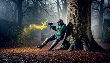 A hyper-realistic, professional action photograph capturing a paintball player in the UK. The player, wearing modern, athletic-fit paintball gear in dark green and black, is sliding dynamically behind a large, weathered oak tree in a misty British woodland. Splatters of bright yellow paint are frozen mid-air around them. The lighting is dramatic and moody, with soft light filtering through the canopy, highlighting the rain-slicked leaves on the forest floor. The style should be gritty and authentic, like a feature in an extreme sports magazine, evoking a sense of high-stakes action and British grit.