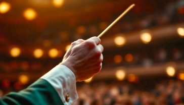 Hyper-realistic professional photograph, capturing the exact moment a conductor's hand, holding an elegant wooden baton, is poised in the air before the downbeat. The background is the softly blurred, warm interior of the Royal Albert Hall during the Proms, with the audience and orchestra out of focus. Lighting is dramatic and focused on the hand and baton, highlighting the texture of the wood and the tension of the moment. Mood is one of intense anticipation, authority, and artistry.