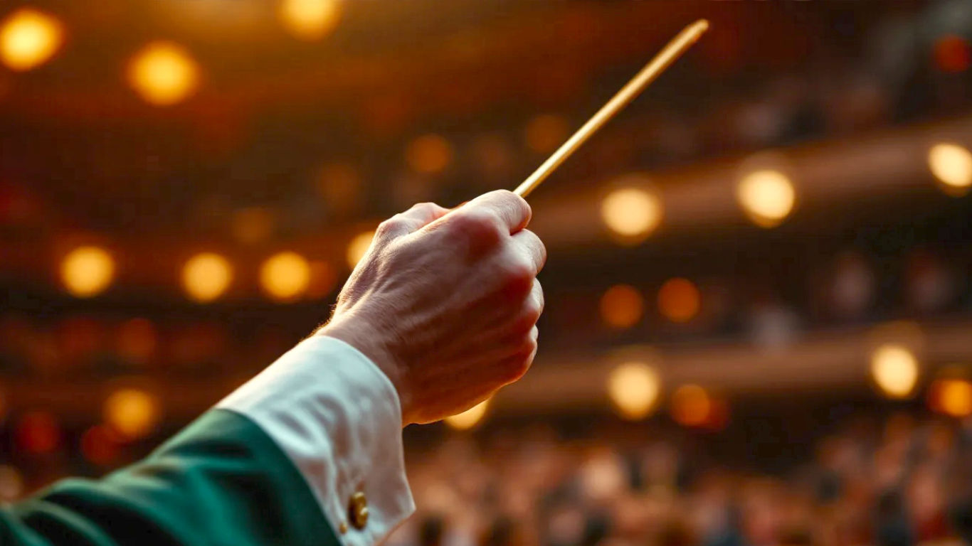 Hyper-realistic professional photograph, capturing the exact moment a conductor's hand, holding an elegant wooden baton, is poised in the air before the downbeat. The background is the softly blurred, warm interior of the Royal Albert Hall during the Proms, with the audience and orchestra out of focus. Lighting is dramatic and focused on the hand and baton, highlighting the texture of the wood and the tension of the moment. Mood is one of intense anticipation, authority, and artistry.