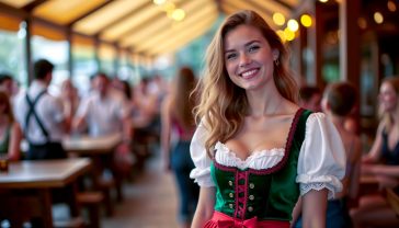 A hyper-realistic, professional photograph in the style of a travel magazine feature. The image captures a vibrant scene at Oktoberfest in Munich. In the foreground, a young woman with a natural, joyful expression is shown from the waist up, wearing a beautifully detailed, high-quality Dirndl in rich emerald green and deep crimson. Her crisp white blouse has delicate lace details on the sleeves, and her silk apron is tied with a perfect bow on the left. The lighting is soft and warm, like the golden hour of a sunny autumn afternoon, making the colours pop. The background is softly blurred but clearly depicts the festive atmosphere of a traditional beer tent, with wooden benches, cheerful people, and brass band instruments visible. The overall mood is authentic, celebratory, and full of life, evoking a sense of European tradition and fun.