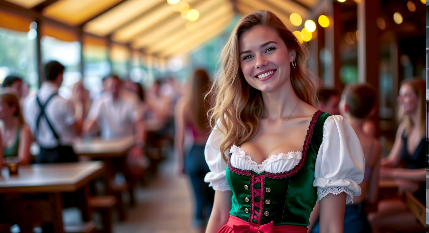 A hyper-realistic, professional photograph in the style of a travel magazine feature. The image captures a vibrant scene at Oktoberfest in Munich. In the foreground, a young woman with a natural, joyful expression is shown from the waist up, wearing a beautifully detailed, high-quality Dirndl in rich emerald green and deep crimson. Her crisp white blouse has delicate lace details on the sleeves, and her silk apron is tied with a perfect bow on the left. The lighting is soft and warm, like the golden hour of a sunny autumn afternoon, making the colours pop. The background is softly blurred but clearly depicts the festive atmosphere of a traditional beer tent, with wooden benches, cheerful people, and brass band instruments visible. The overall mood is authentic, celebratory, and full of life, evoking a sense of European tradition and fun.