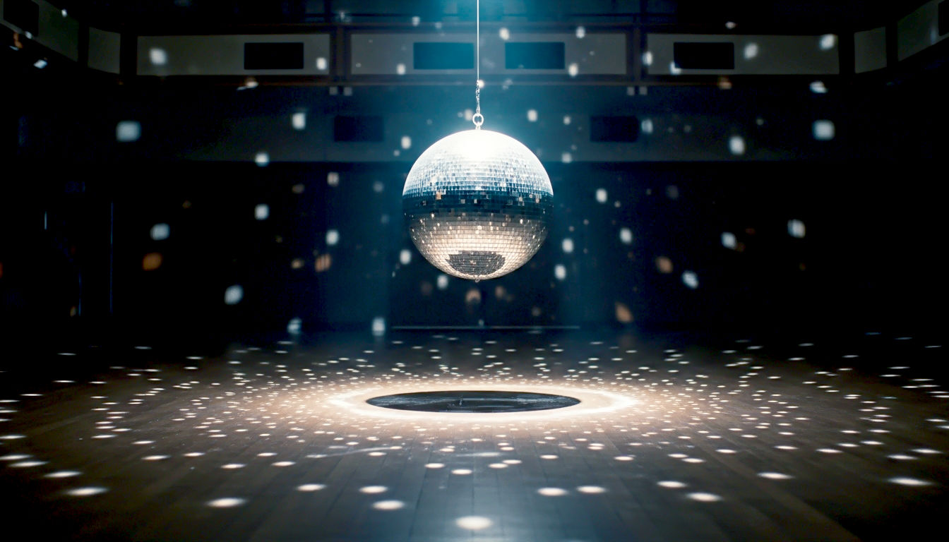 A hyper-realistic, atmospheric photograph capturing a vintage, slightly worn disco ball hanging in the centre of a classic British ballroom, reminiscent of the Wigan Casino. The dance floor below is empty but covered in a light dusting of talcum powder, with faint scuff marks visible. A single, soft spotlight from above hits the disco ball, casting hundreds of gentle, warm light speckles across the dark, wood-panelled room and a sprung wooden dance floor. The mood is nostalgic, reverent, and full of latent energy, as if the dancers have just left and their ghosts remain. The style should be evocative of a high-end documentary film still, with deep shadows and a rich, cinematic texture.