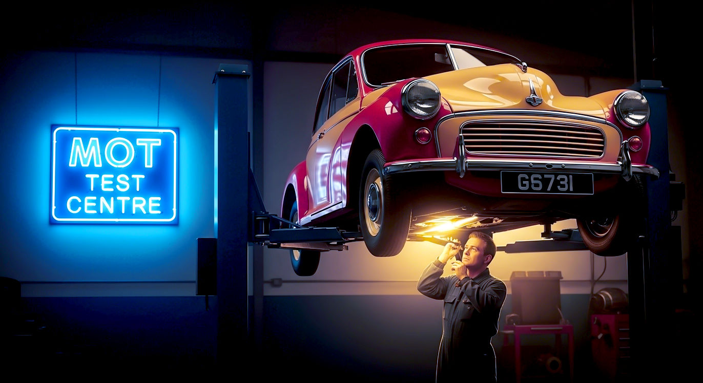 A hyper-realistic, professional photograph capturing a classic 1960s British car, like a Morris Minor, on a hydraulic lift inside a vintage-style garage. A mechanic in classic overalls is thoughtfully inspecting the undercarriage. The iconic blue and white "MOT Test Centre" sign is visible in the background. The lighting is slightly dramatic, with soft, warm light illuminating the car, evoking a sense of nostalgia and British motoring heritage. The style should be reminiscent of a high-quality historical documentary photo.