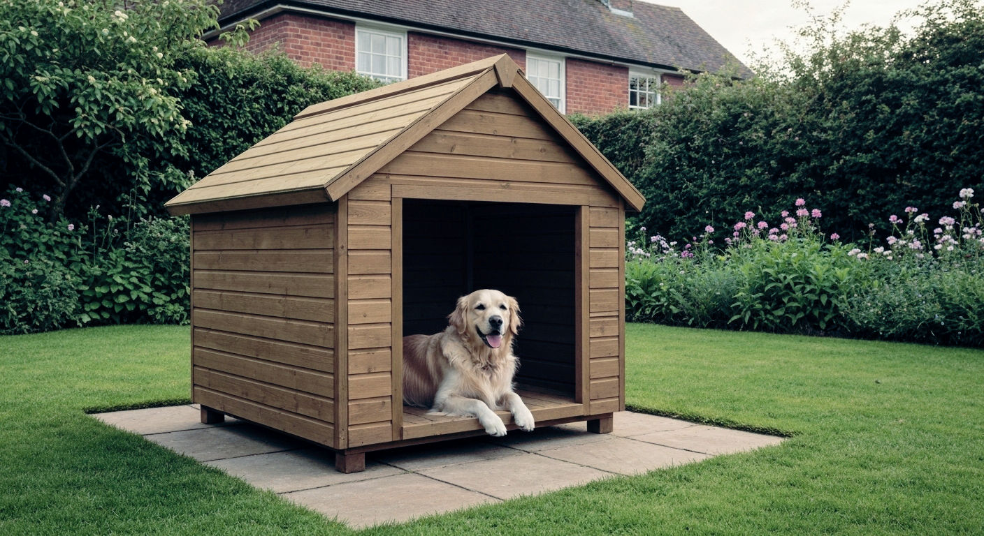 Hyper-realistic, professional photograph in the style of a 'Country Living' magazine feature. A beautiful, well-maintained wooden dog house sits on a neat paving slab base in a lush, green British garden. A happy Golden Retriever is lounging on the small porch of the kennel, looking content. The lighting is soft and warm, like a late afternoon in summer. The background shows a classic red brick house and a well-tended flower border. The mood is warm, trustworthy, and quintessentially British.