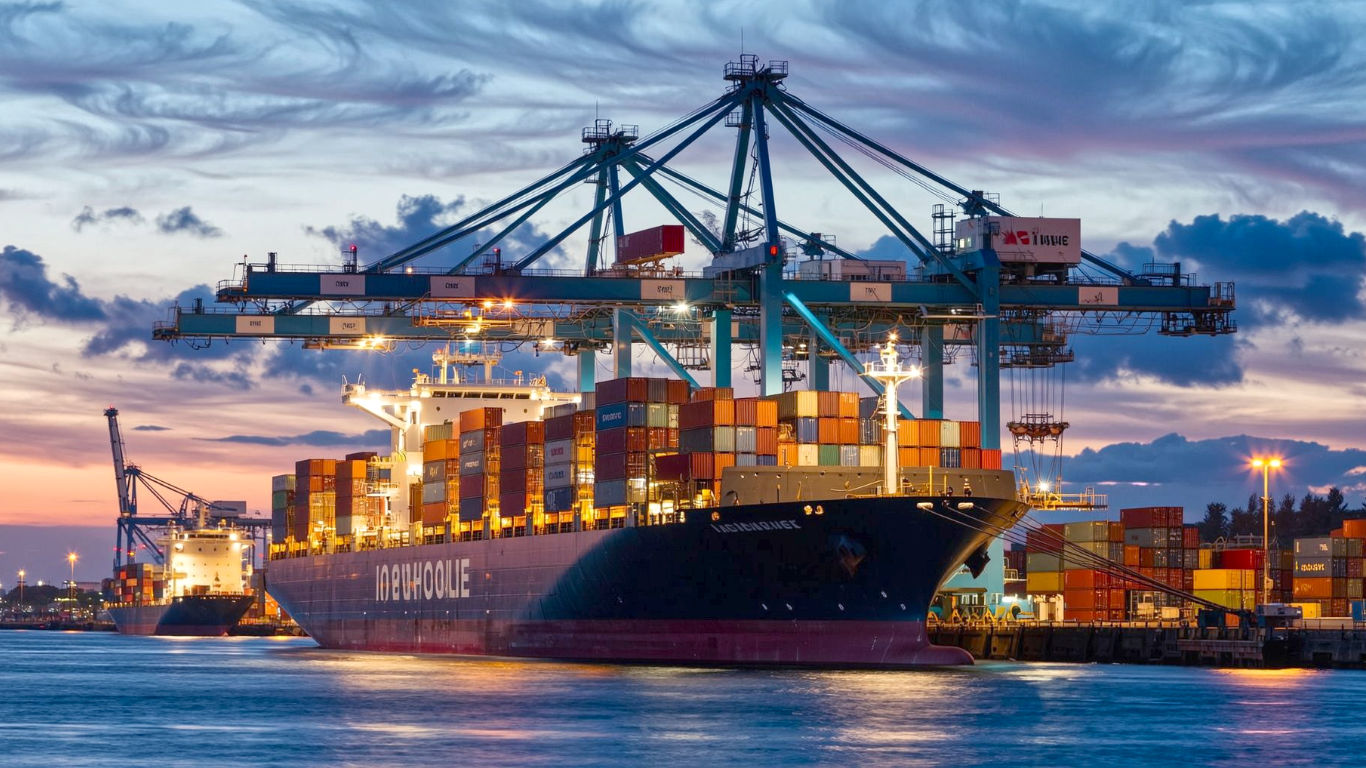 A hyper-realistic photograph in the style of a modern documentary film. The scene is the Port of Felixstowe at dusk. A massive container ship, lit up with industrial lights, is being unloaded by towering ship-to-shore cranes. One crane is mid-movement, holding a single, red shipping container against a dramatic, deep blue and orange sunset sky. The composition should convey immense scale and a sense of quiet, powerful efficiency, capturing the 24/7 nature of global logistics with a moody, atmospheric British coastal feel. Focus on sharp details, reflections on the water, and the sheer size of the machinery.
