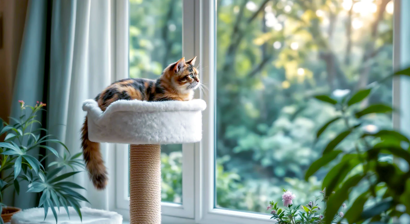 A hyper-realistic, professional photograph in the style of a modern interior design magazine. The scene is a bright, airy British living room with a large bay window looking out onto a lush green garden. In the foreground, a sleek, stylish cat tree made of light natural wood and white faux fur blends seamlessly with the decor. A beautiful tortoiseshell cat is lounging gracefully on the highest perch, looking contentedly out of the window. The lighting is soft and natural, creating a warm, cosy, and aspirational mood. The overall aesthetic is clean, modern, and quintessentially British.