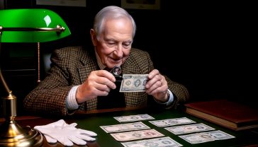 A hyper-realistic, professional photograph in the style of a museum exhibit catalogue. An elderly man with kind eyes and a tweed jacket sits at a dark oak desk, using a jeweller's loupe to inspect a crisp, vintage Bank of England 'White Fiver'. The desk is softly lit from the side by a green banker's lamp, which illuminates other collectible notes laid out in an orderly fashion, a leather-bound album, and a pair of white cotton gloves resting nearby. The mood is quiet, scholarly, and nostalgic, evoking a sense of British history and passion.