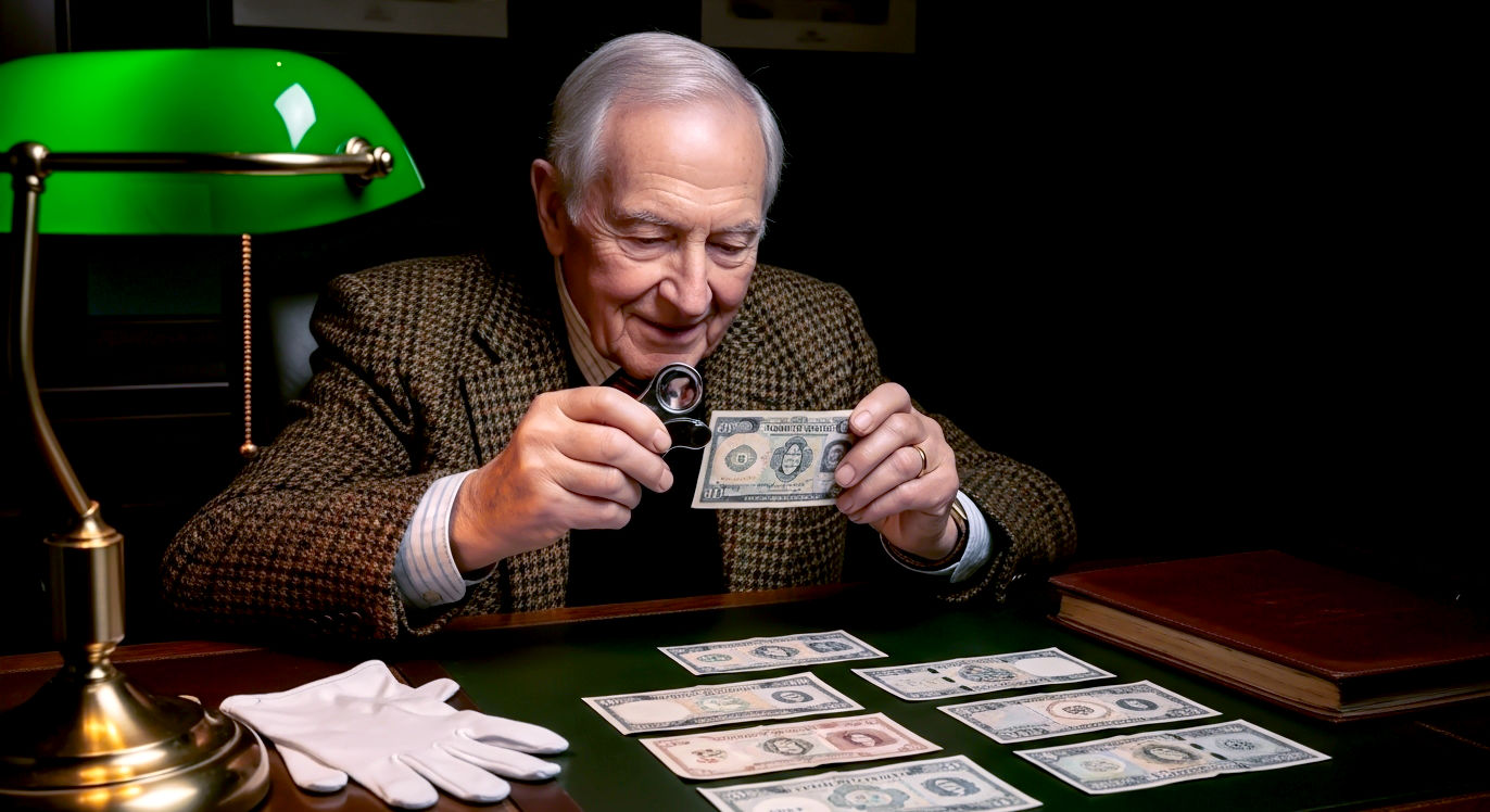 A hyper-realistic, professional photograph in the style of a museum exhibit catalogue. An elderly man with kind eyes and a tweed jacket sits at a dark oak desk, using a jeweller's loupe to inspect a crisp, vintage Bank of England 'White Fiver'. The desk is softly lit from the side by a green banker's lamp, which illuminates other collectible notes laid out in an orderly fashion, a leather-bound album, and a pair of white cotton gloves resting nearby. The mood is quiet, scholarly, and nostalgic, evoking a sense of British history and passion.