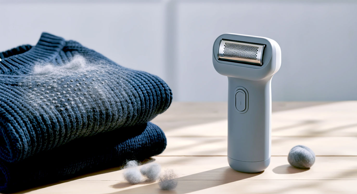 A hyper-realistic, professional photograph in the style of a modern homeware magazine. The shot is a flat lay on a light, rustic wooden surface. In the centre, a sleek, matte-grey rechargeable electric fabric shaver is shown with its clear lint compartment half-full of dark fluff. To the left lies a folded, dark navy merino wool jumper, with one half visibly covered in pills and the other half perfectly smooth and renewed, showing a clear before-and-after effect. A few loose wool bobbles are scattered artfully on the wood. The lighting is soft, bright, and natural, coming from a side window, creating gentle shadows. The mood is clean, satisfying, and aspirational, evoking a sense of calm domestic efficiency.
