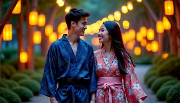 A hyper-realistic, professional photograph of a young British couple, smiling and walking through a beautifully illuminated Japanese garden in the UK at twilight. The man wears a classic indigo yukata with a simple pattern, and the woman wears a colourful floral yukata. They are seen from a slight side angle, capturing the movement of the fabric. The lighting is soft and magical, with glowing paper lanterns hanging from trees, evoking the atmosphere of a Japanese summer festival. The mood is joyful, serene, and respectful. Style of a high-end travel magazine.