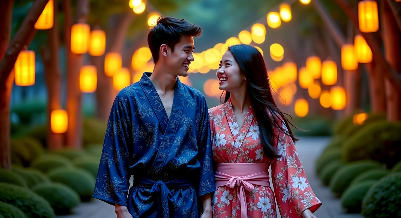 A hyper-realistic, professional photograph of a young British couple, smiling and walking through a beautifully illuminated Japanese garden in the UK at twilight. The man wears a classic indigo yukata with a simple pattern, and the woman wears a colourful floral yukata. They are seen from a slight side angle, capturing the movement of the fabric. The lighting is soft and magical, with glowing paper lanterns hanging from trees, evoking the atmosphere of a Japanese summer festival. The mood is joyful, serene, and respectful. Style of a high-end travel magazine.