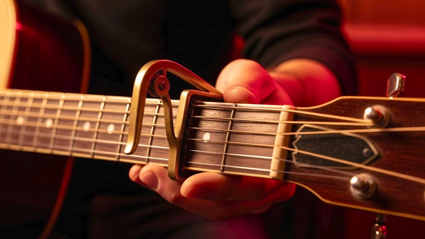 A hyper-realistic, professional photograph showing a close-up of a musician's hand placing a classic brass yoke-style capo onto the second fret of a vintage acoustic guitar. The setting is a cosy, dimly lit British folk club corner, with warm, soft lighting catching the wood grain, worn fretboard, and brass fret wire. The mood is intimate, focused, and nostalgic, evoking the spirit of British folk music and expert craftsmanship. The style should be that of a high-end music magazine feature.