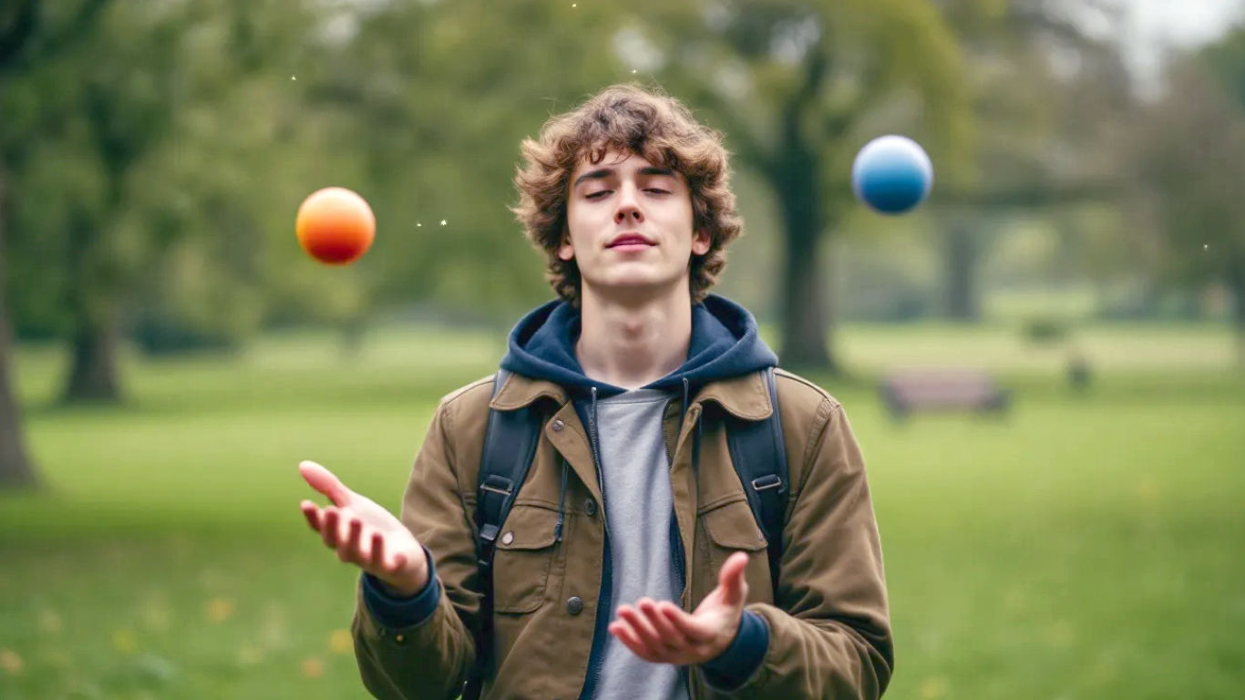 The subject is a young person in their early twenties, standing in a classic British park like Regent's Park or a Glasgow green. They are mid-juggle with three worn, colourful 'thud' juggling balls, caught in a moment of deep, relaxed concentration. The lighting is soft, overcast British daylight, creating gentle shadows. The background is slightly out of focus, showing green grass, mature oak trees, and perhaps a Victorian-era park bench. The mood is calm, focused, and joyful, capturing the simple, meditative pleasure of the hobby rather than a flashy performance. The composition is a medium shot, framing the juggler from the waist up to capture the full pattern of the balls in the air.