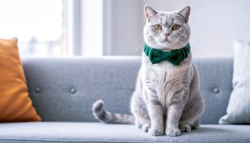 A hyper-realistic, professional photograph in the style of a modern lifestyle magazine. The subject is a beautiful British Shorthair cat sitting calmly on a stylish, minimalist grey sofa in a brightly lit, contemporary British living room. The cat is wearing a tasteful, well-fitted, dark green knitted bow tie collar. The composition is a medium shot, focusing on the cat's relaxed posture and content expression. The lighting is soft and natural, coming from a nearby window, creating a warm and inviting mood. The overall feel should be sophisticated, charming, and a little bit quirky, capturing the essence of modern, responsible pet ownership in the UK.