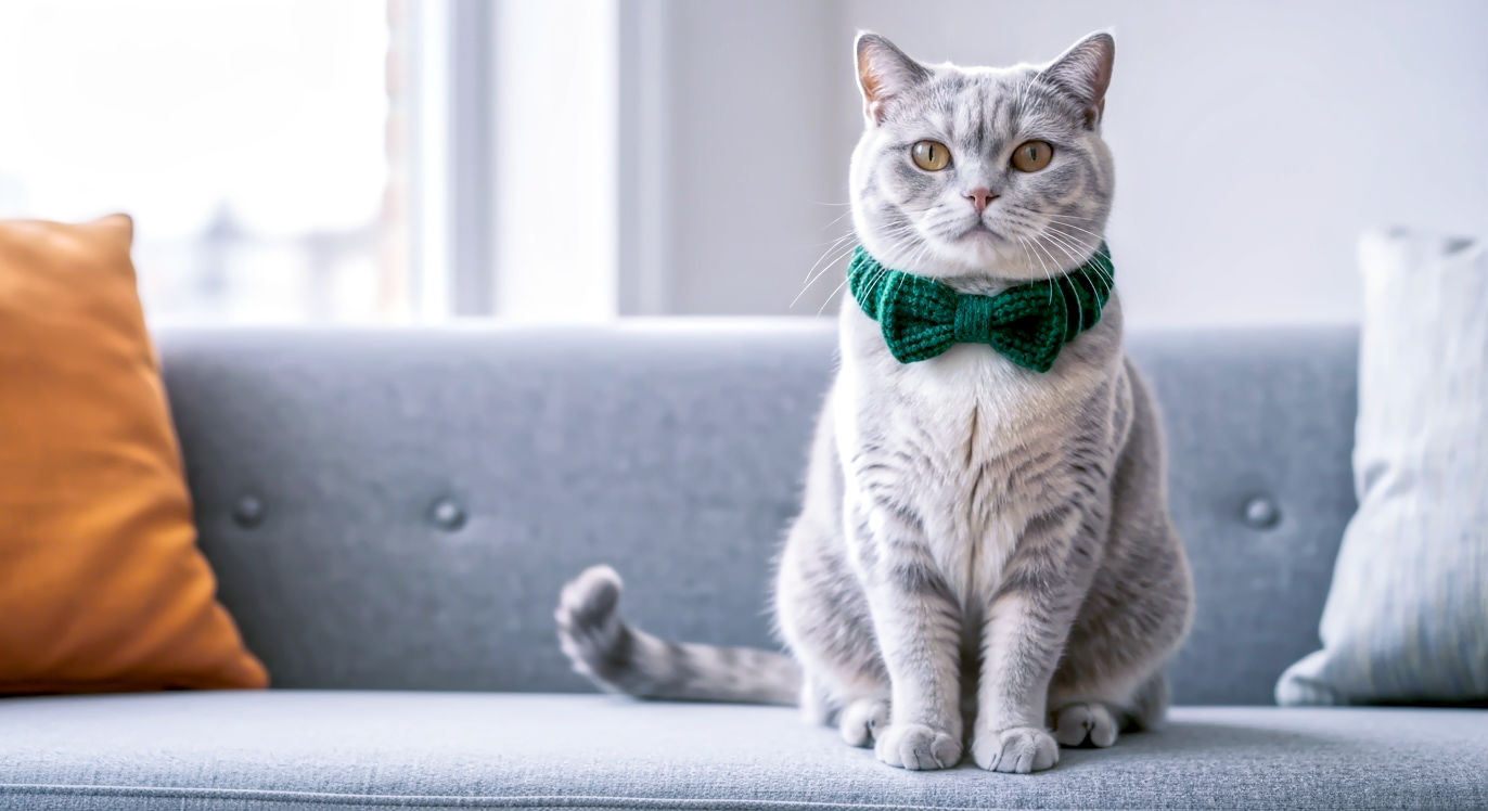 A hyper-realistic, professional photograph in the style of a modern lifestyle magazine. The subject is a beautiful British Shorthair cat sitting calmly on a stylish, minimalist grey sofa in a brightly lit, contemporary British living room. The cat is wearing a tasteful, well-fitted, dark green knitted bow tie collar. The composition is a medium shot, focusing on the cat's relaxed posture and content expression. The lighting is soft and natural, coming from a nearby window, creating a warm and inviting mood. The overall feel should be sophisticated, charming, and a little bit quirky, capturing the essence of modern, responsible pet ownership in the UK.