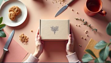 A hyper-realistic, professional photograph in the style of a modern design magazine. The shot is a top-down view of a rustic wooden workshop table in a bright, airy British studio. In the centre, a pair of hands (one male, one female, ethnically diverse) are carefully placing a beautifully designed, eco-friendly product box. The box is made of textured, recycled cardboard with a simple, elegant botanical print. Surrounding the box are design tools: a craft knife, a metal ruler, swatches of sustainable materials like cork and mycelium, and a cup of tea in a classic Cornishware mug. The lighting is soft and natural, coming from a large window, creating a warm, creative, and aspirational mood. The overall aesthetic is minimalist, authentic, and showcases British creativity and sustainability.