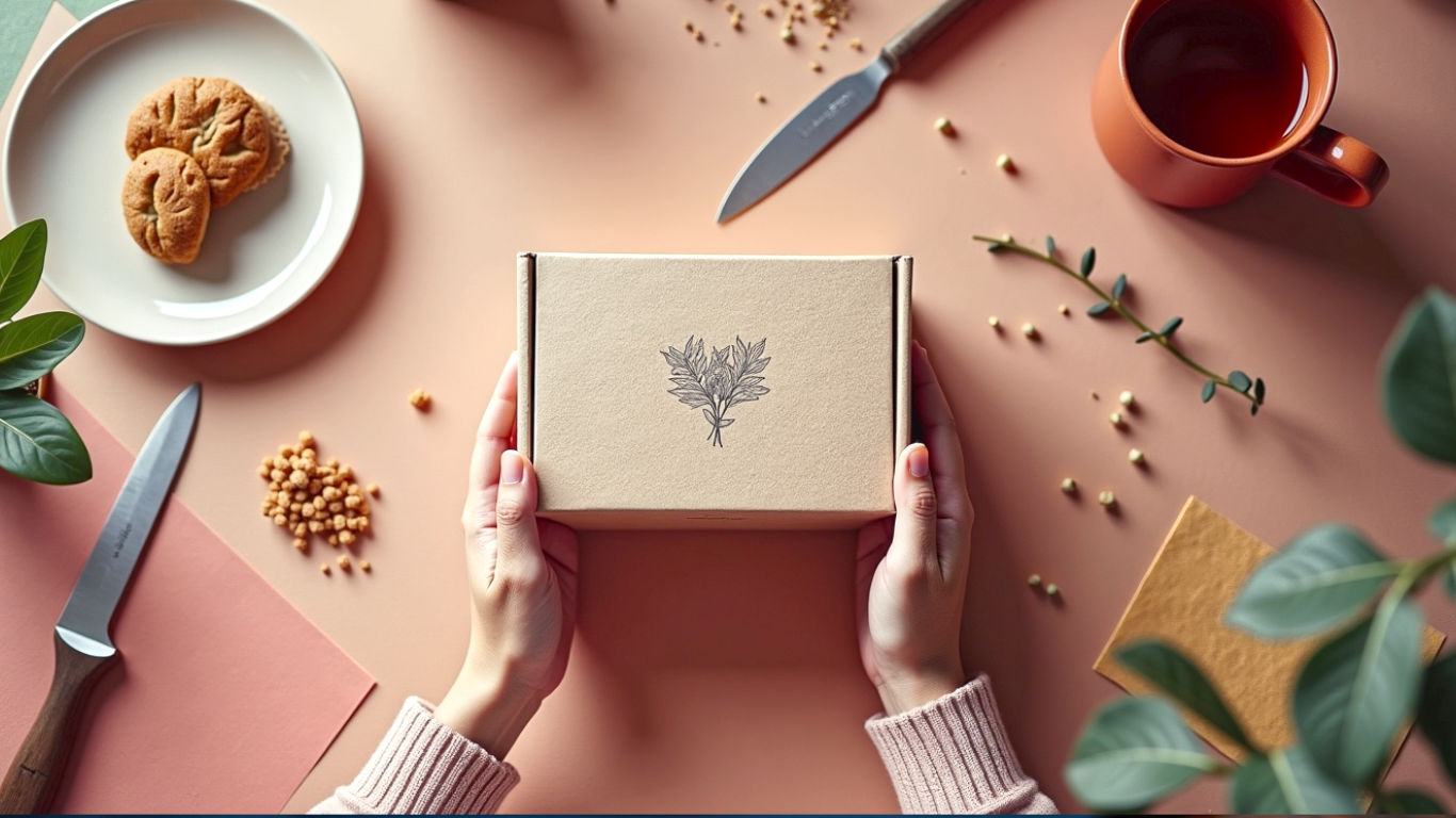 A hyper-realistic, professional photograph in the style of a modern design magazine. The shot is a top-down view of a rustic wooden workshop table in a bright, airy British studio. In the centre, a pair of hands (one male, one female, ethnically diverse) are carefully placing a beautifully designed, eco-friendly product box. The box is made of textured, recycled cardboard with a simple, elegant botanical print. Surrounding the box are design tools: a craft knife, a metal ruler, swatches of sustainable materials like cork and mycelium, and a cup of tea in a classic Cornishware mug. The lighting is soft and natural, coming from a large window, creating a warm, creative, and aspirational mood. The overall aesthetic is minimalist, authentic, and showcases British creativity and sustainability.