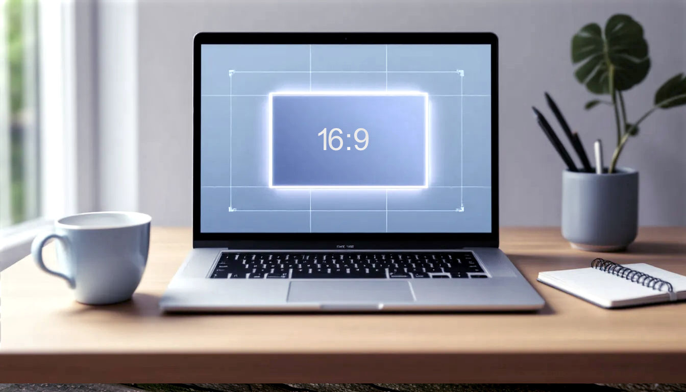 A hyper-realistic, professional photograph in the style of a clean, minimalist tech blog. The image shows a sleek, modern laptop on a light oak desk next to a cup of tea and a notebook. On the laptop screen is a visually appealing website layout being designed, with grid lines visible. The focus is on a central image container that has a glowing "16:9" ratio label overlaid on it, clearly illustrating the concept of aspect ratio in a real-world web design context. The lighting is soft and natural, coming from a window, creating a bright and airy mood that feels professional and approachable. The overall colour palette is calm, with muted blues, greys, and the warmth of the wood.